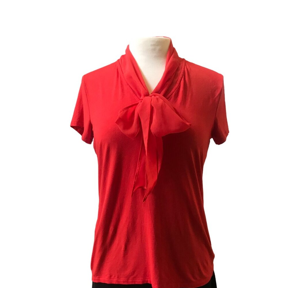 Talbots Red Tie-Neck Short Sleeve Blouse